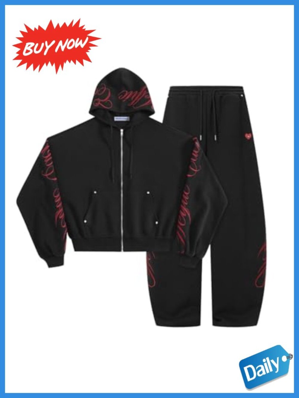 Oversized Boxy Zip Up Hoodie Sweatpants Set Cotton Blend Embroidery Lounge